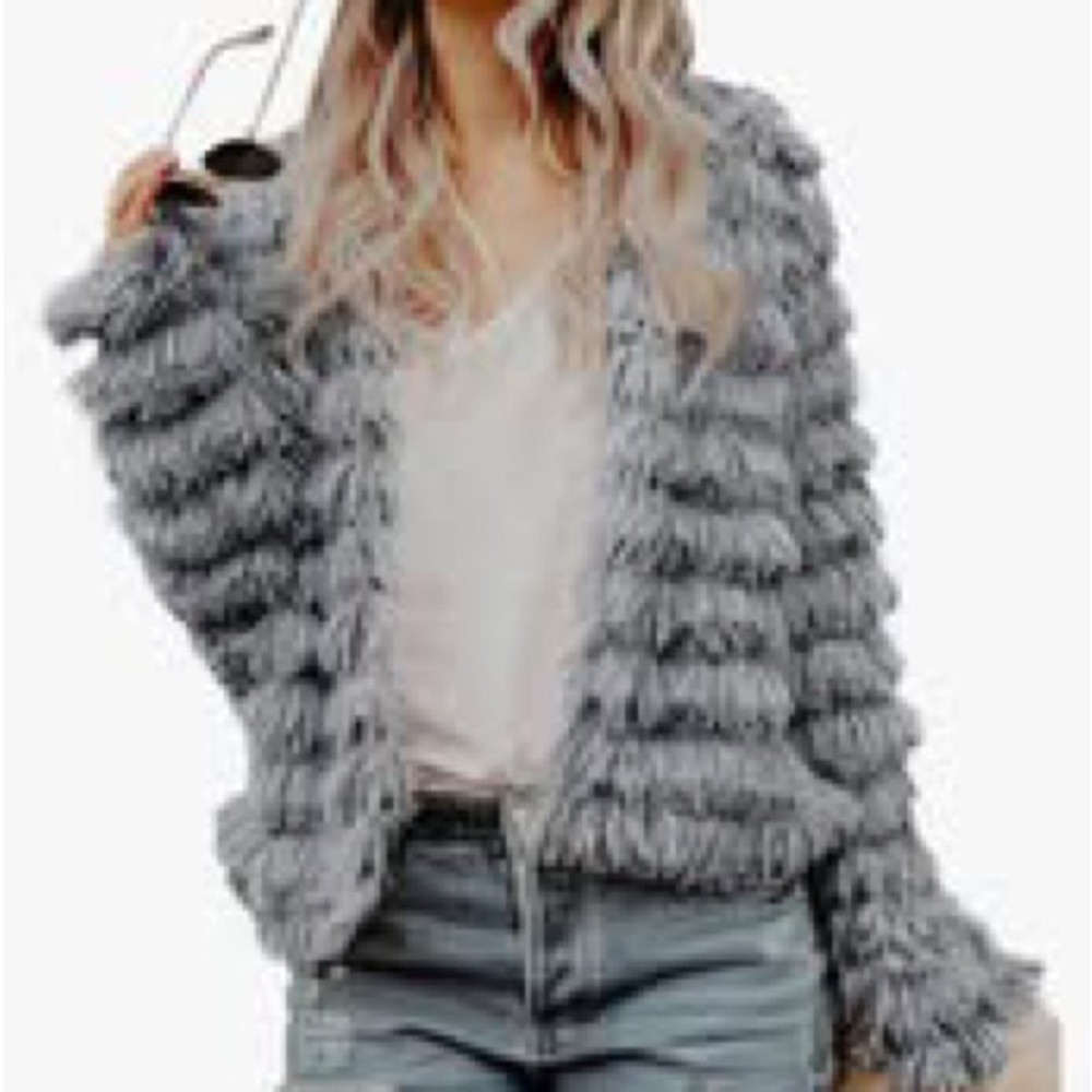 Gray Open Front Faux Fur/Shaggy Cardigan/Coat